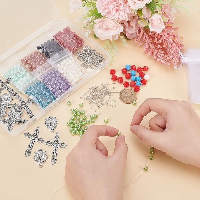 PH PandaHall Rosary Necklace Making Kit Rosary Prayer Jewelry Making Supplies First Communion Necklace Set Pearl Beads Cross Beads Kit for Easter Eid Mubarak Ramadan Bracelets Necklaces