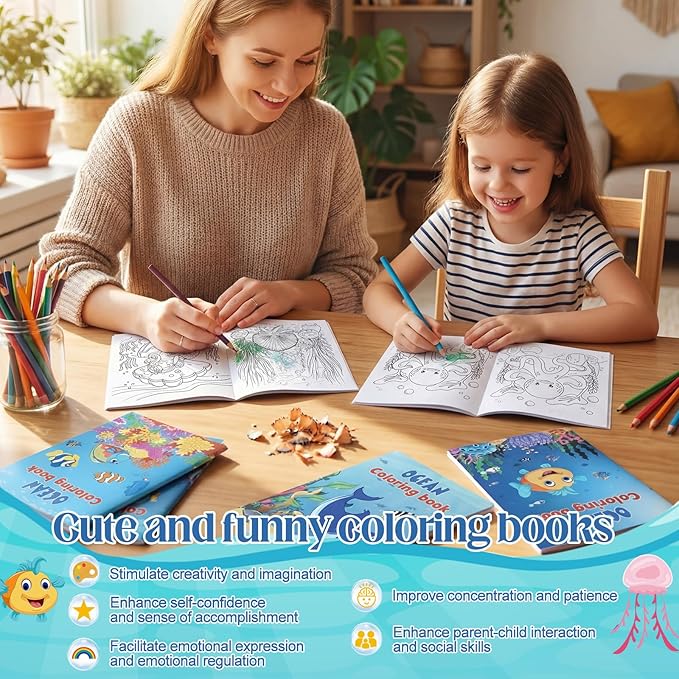 Liliful 24 Pcs Ocean Cartoons Coloring Book Bulk Mini Ocean Cartoons Theme Drawing Book with Sea Creature Shell Patterns Marine Life Goodie Bag Filler Party Favors and Holiday Gifts