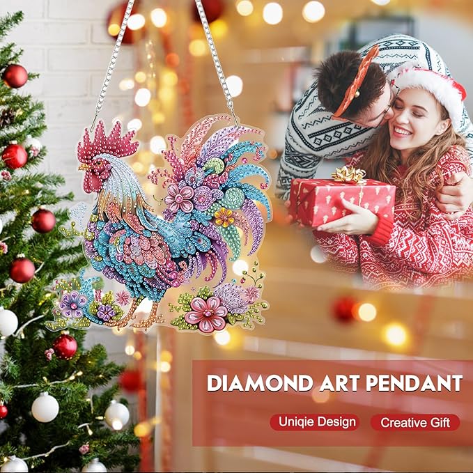 Hanging Diamond Art Kit for Adult, Cartoon Chicken, 5D Special Shaped Rhinestone Diamond Painting Ornament, Floral Rooster, DIY Acrylic Diamond Art Painting Window Pendants Home Garden Wall Decor