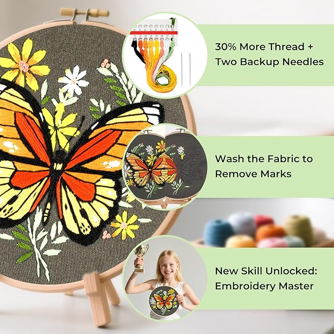 htvront embroidery kit for beginners, butterfly embroidery kits with step-by-step video tutorials only 6 stitches, beginner embroidery kit for adult, needlepoint kits for adults with stamped patterns