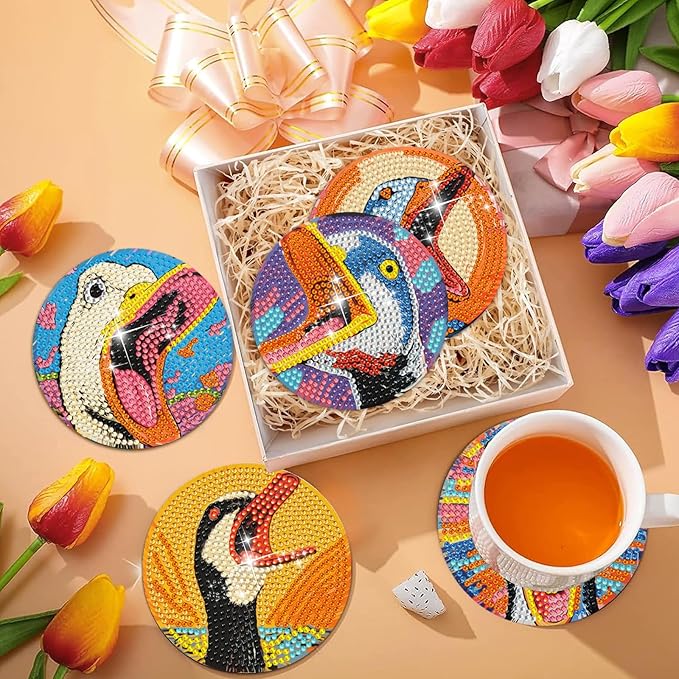EWJRNSF 6 PCS Diamond Art Coasters Kits, Small Diamond Painting Coasters, Fall Diamond Art Kits for Adults Beginners, Arts and Crafts Supplies Item Sets Not with Holder Duck Style