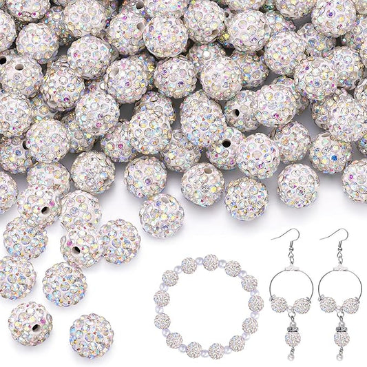200pcs 10mm Crystal AB Rhinestone Beads for Jewelry Making, Shiny Round Shamballa Disco Ball Beads Bulk, Sparkle Crystal Clay Christmas for Bracelet Baseball Necklace Earring Crafting and DIY