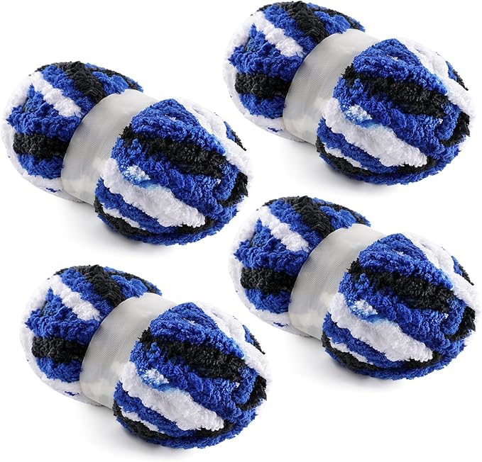 4 Pack Chunky Yarn for Hand Knitting - Chunky Chenille Blanket Yarn for Crocheting - Jumbo Fluffy Yarn for Crochet - Super Bulky Yarn 25 yds 7.7 oz Each Skein (Black White Blue)