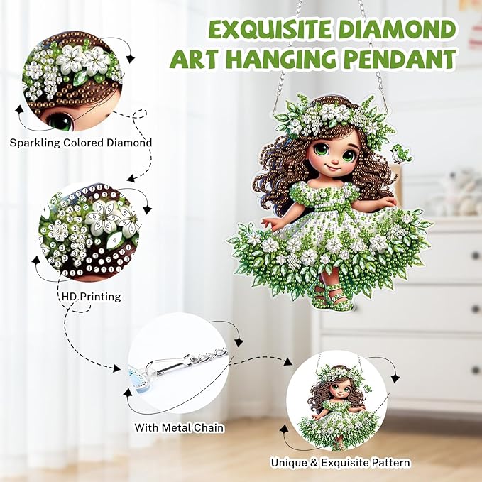 Bowetile Forest Fairy Diamond Art Hanging Kits for Adults, Diamond Art Suncatchers Cartoon Girl, 5D Special Shape Diamond Painting Pendant Window Ornament Gifts for Home Wall Door Garden Decor