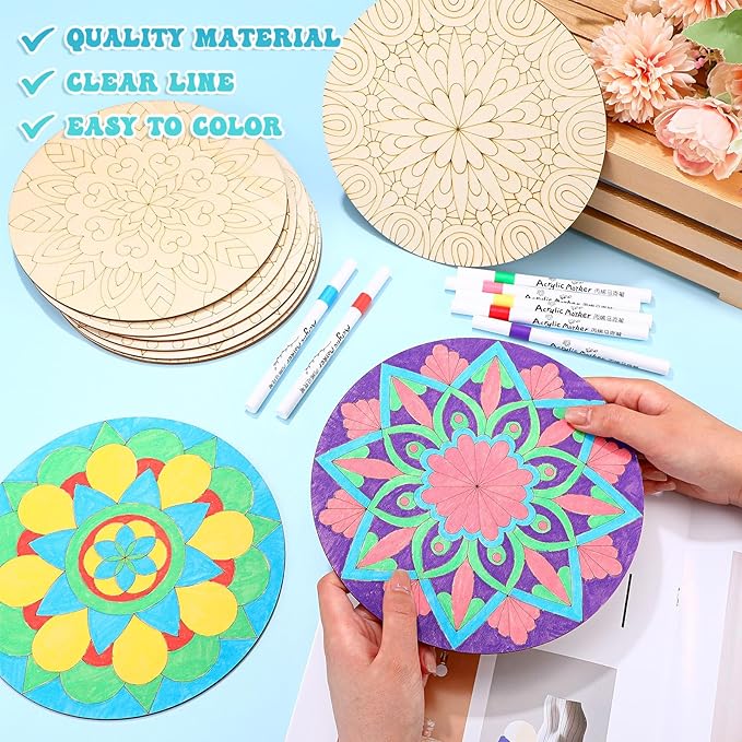 22 Pcs Wooden Mandala Painting Set 10 Mandala Unfinished Wood Cutouts with 12 Markers for Crafts Diwali Craft Wood Slices for Adults Painting DIY Tags Wedding Home Decors(Vintage Style)