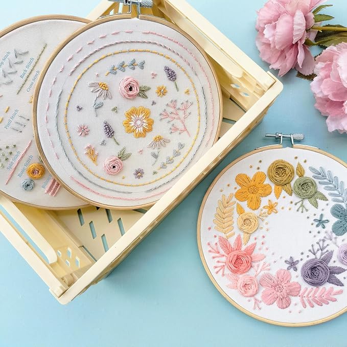 embroidery kit,3 pack embroidery kit for beginners with step by step learn 22 different stitches from instruction & video,stamped embroidery patterns,hand embroidery kit for adult, stitches kit