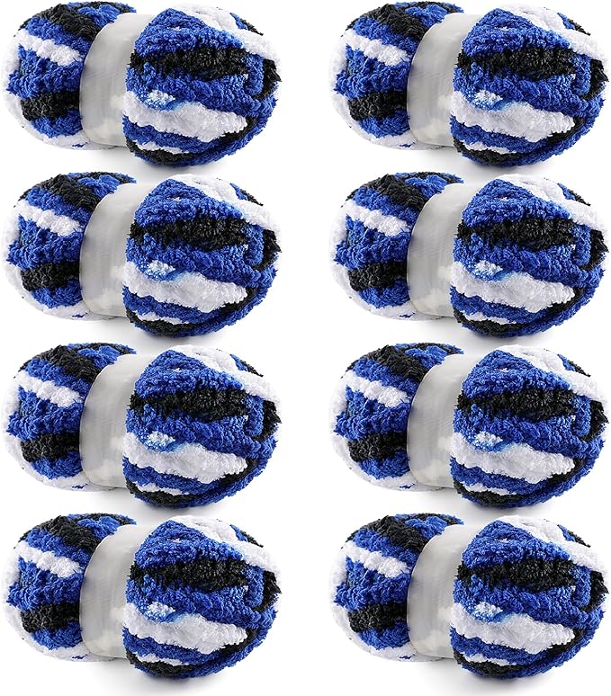 8 Pack Chunky Yarn for Hand Knitting - Chunky Chenille Blanket Yarn for Crocheting and Crochet with Jumbo Fluffy Super Bulky 25 yds 7.7 oz Each Skein (Black White Blue 8Pack)