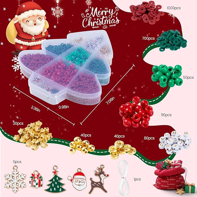 Taybonds Christmas Bracelet Making Kit, Christmas Beads for Bracelets and Jewelry Making, Xmas Bead Kit with Red Green Pony Beads, Clay, Letter Beads and Charms,Holiday DIY Friendship Gifts