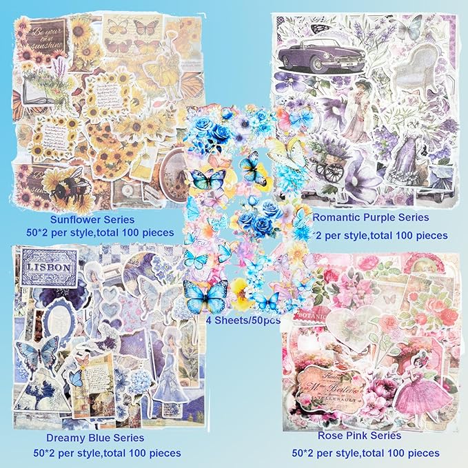 Lora Rossie Vintage Aesthetic Scrapbook Kit, 450 Pcs Pre-Cut Flowers Butterflies Decorative Floral Planner Stickers for Scrapbooking Bullet Junk Journals Planner Stationery Crafts