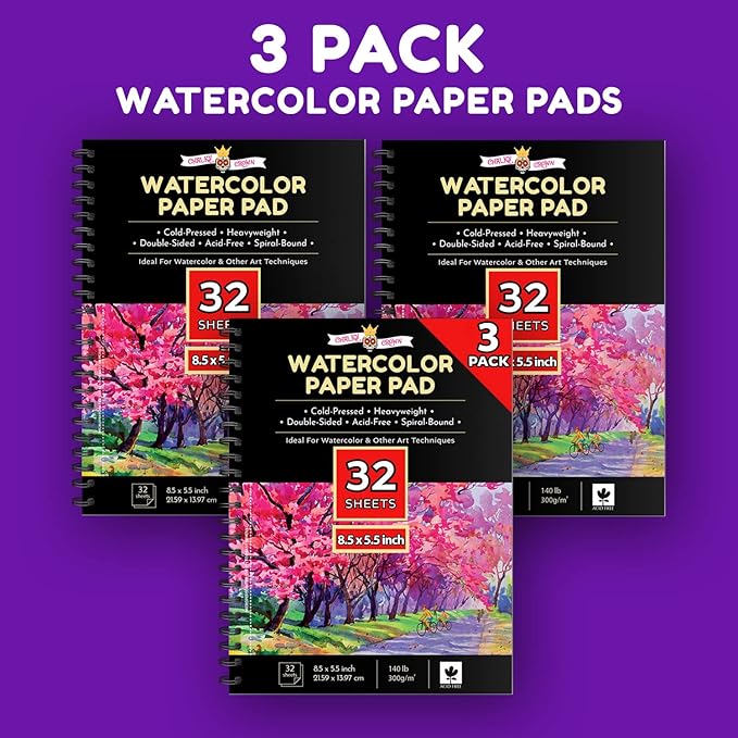 CHALKY CROWN - Watercolor Paper Pad - Water Color Paper Sketch Book - Water Color Paper for Artists, White - Pack of 3 (5.5x8.5) - (96 Sheets)