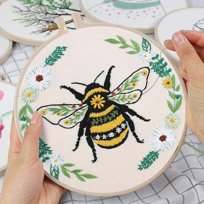 Louise Maelys Bees Embroidery Kits for Beginners, DIY Cross Stitch Starter Craft Kit for Adults Including Cloth with Pattern, Hoop, Needles Instruction and Threads