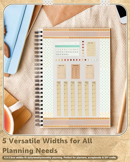 EORTA 10 Rolls Retro Calendar Washi Tapes, 5 Sizes Self-Adhesive Decorative Sticker for Daily Weekly Monthly Planner, Scrapbook, Journal & Bible Journaling, Dotted/Striped Craft Gift Wrap Tape