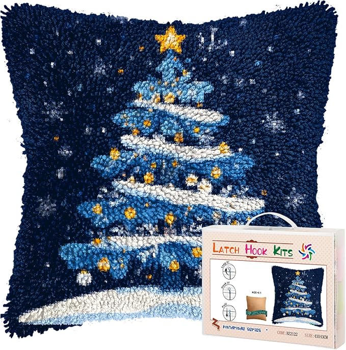 DIY Latch Hook Pillow Kits for Adults Merry Christmas Winter Christmas Tree Pillow Cover Printed Pillowcase Crochet Yarns Hooking Handmade Cushion for Home Sofa Decoration 17x17inch(3)