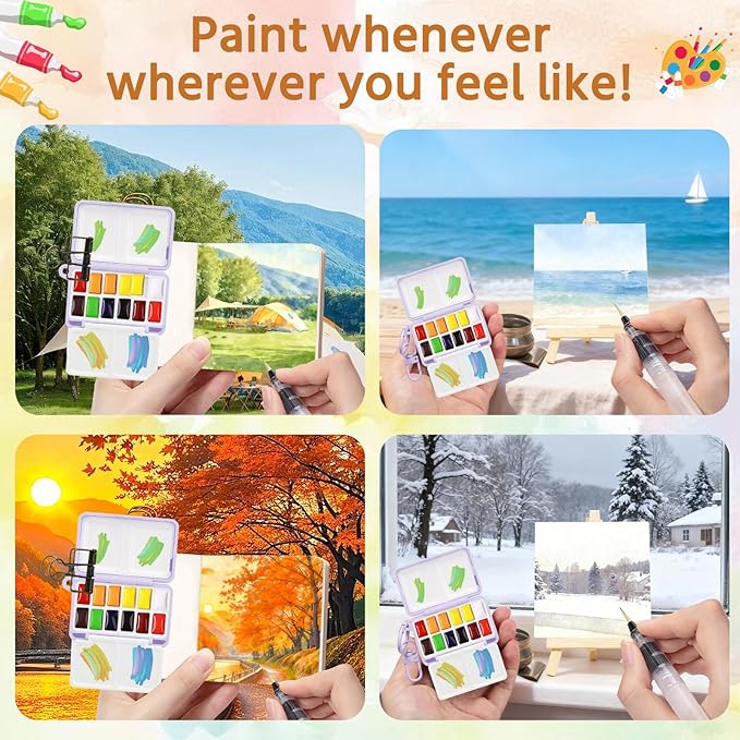 Mini Watercolor Travel Paint Set,22Pcs Artist Watercolor Palette Travel Set with Colors,Wooden Paint Box,Brush,Holder,Oil Cup,Bottles Storage Bag for Beginners Artists Student(12 Grids Purple)
