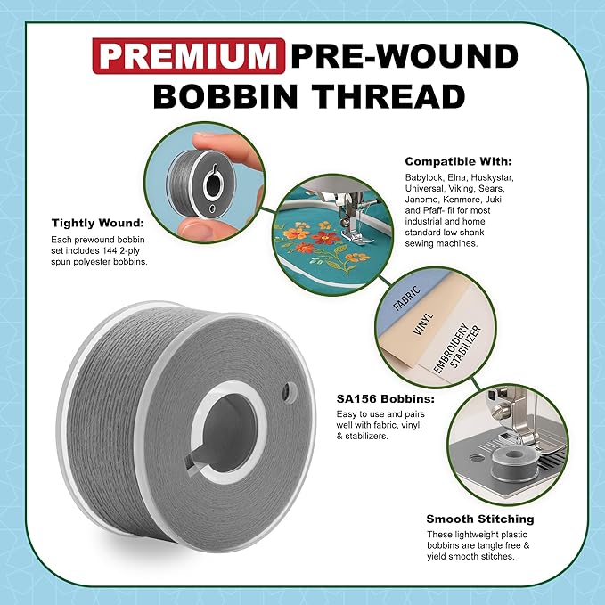 Mandala Crafts 144 Medium Gray SA156 Prewound Bobbins for Singer Sewing Machine -15J SA156 Prefilled Bobbin Thread for Brother Sewing Machine and Embroidery