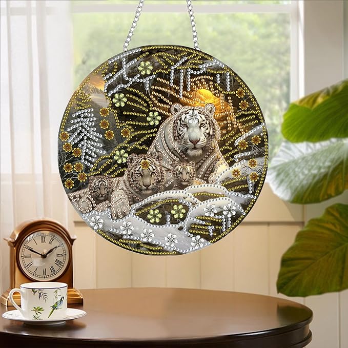 Yomiie Tiger Animals Sun Catcher Window Hanging - DIY Double Sided Winter Diamond Painting Pendant Kit, Acrylic Diamonds Art Ornament for Front Door Sign & Indoor/Outdoor Garden Decor(8x8 inch)