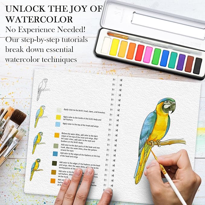 Watercolor Workbook, Watercolor Workbook Paint Book Beginner Friendly with 12 Patterns, Beginner-Friendly Watercolor Workbooks with 12 Paint Colors & Brush, Water Color Paint Set, Valentine's Day Gift