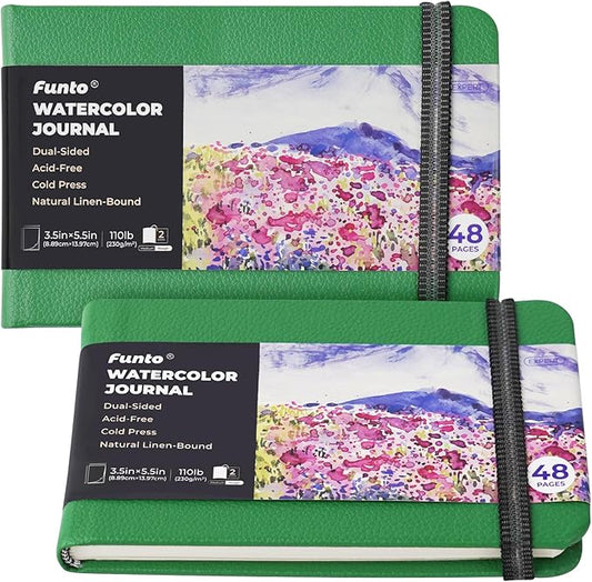 Funto Watercolor Journal, 3.5x5.5, 2 Pack, 24 Sheets Each, Christmas Green Cloth Cover, 110lb/230gsm, Suitable for Techniques and Mixed Media