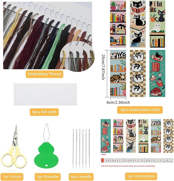 NEGEKFKX 6 Pcs Black Cat Cross Stitch Bookmark Kit for Adult Beginners,Book Cross Stitch Kits 14 CT DIY Crossstitch Kits Adult Stamped Bookmark Embroidery Bookmarks Kit