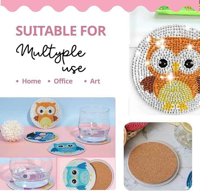 6 Pcs Owls Shaped Diamond Painting Kits, Diamond Painting Kits with Holder Owls, Diamond Art Coasters for Beginners Adults - Perfect Art Craft Supplies Gift!… (Owls 2)