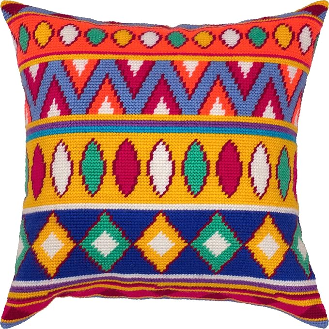 Brvsk Ornamental Stamped Cross-Stitch Kit for Adults and Beginners — Mexico 16″ × 16″ with Clear, Precise Printed Design on Cotton Canvas; Includes 2 Needles, Yarn, and Easy-Read Chart