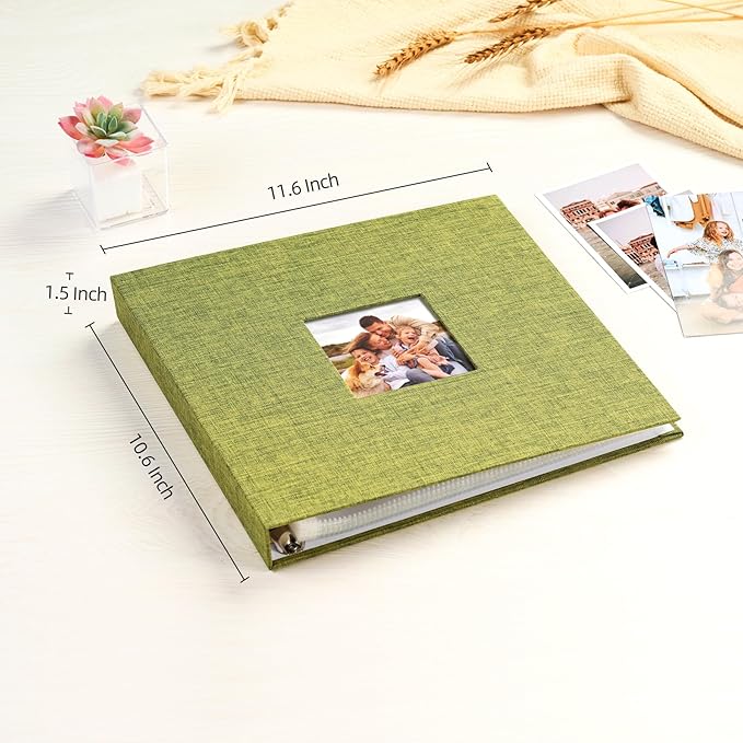 Mublalbum 10x10 Inch DIY Scrapbook Photo Album with 40 Plastic Sleeves 80 Pages Linen Cover 3 Ring Folder Binder for Wedding Baby Family and DIY Projects (Green)