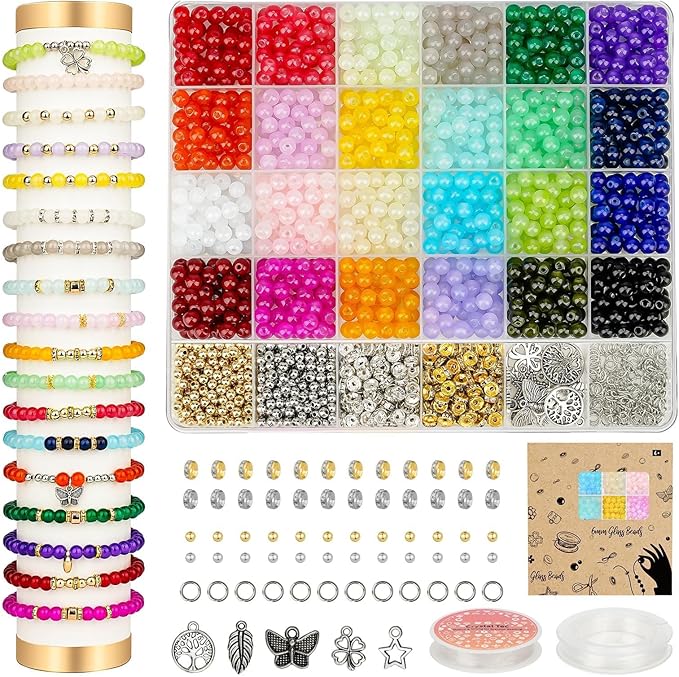 sistenia 6mm glass beads bracelet making kit 1400pcs, 24 colors crystal beads for jewelry making round beads diy crafts with spacer beads charms accessories