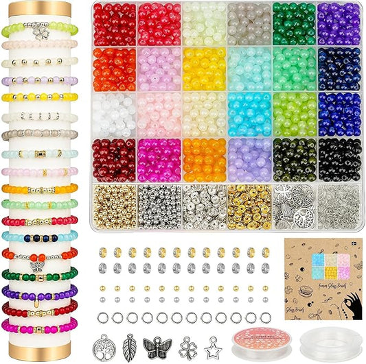 sistenia 6mm glass beads bracelet making kit 1400pcs, 24 colors crystal beads for jewelry making round beads diy crafts with spacer beads charms accessories