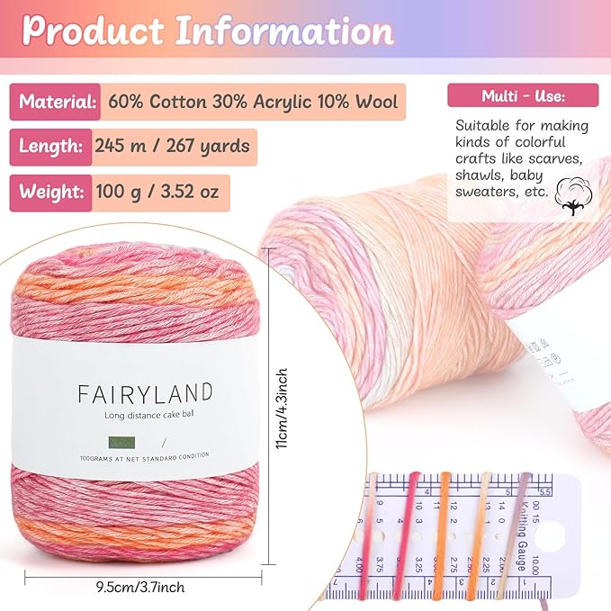 Aeelike Gradient Yarn for Crocheting, 3 Skeins Cake Yarns 100g (3.52 oz) 245m (267 Yards) # 3 Light Weight Super Soft Ombré Yarns for Making Blanket Scarves Sweaters, Pink Purple Gradient