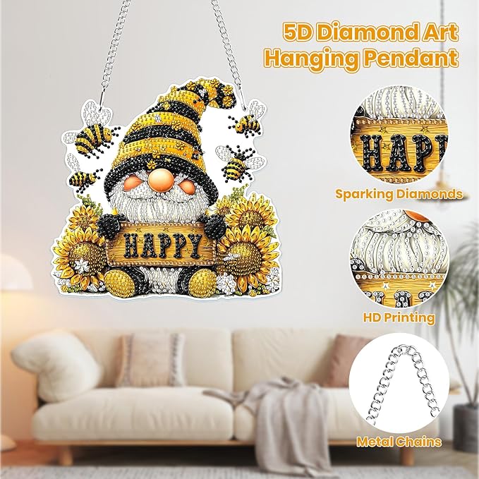 MOGTAA Gnomes Diamond Art Hanging Pendant Kits, 5D Special Shape Diamond Art Kits for Adults, Crystal Rhinestones Sunflowers Diamond Painting Bee Gem Art for Home Garden Wall Decor