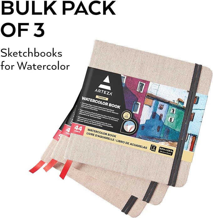 ARTEZA Watercolor Sketchbook, 3-Pack, 88 Pages Each, 5.5 x 5.5 Inches, Beige Hardcover, 110-Pound Paper