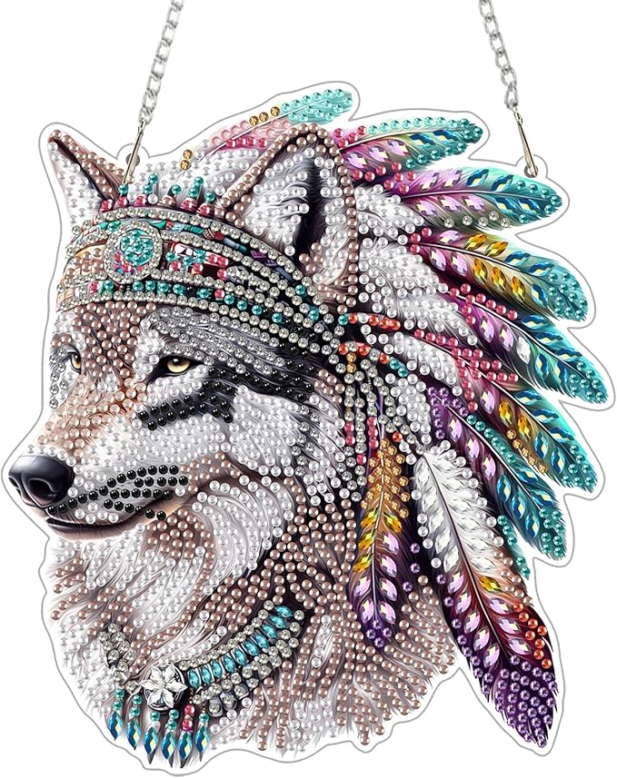 Genius maker Wolf Diamond Art Hanging Kits for Adults, Animal Diamond Painting Pendant Kits, DIY Acrylic 5D Special Shaped Crystal Diamonds Gem Art Painting Ornament for Home Wall Decor Gift 8x8 Inch