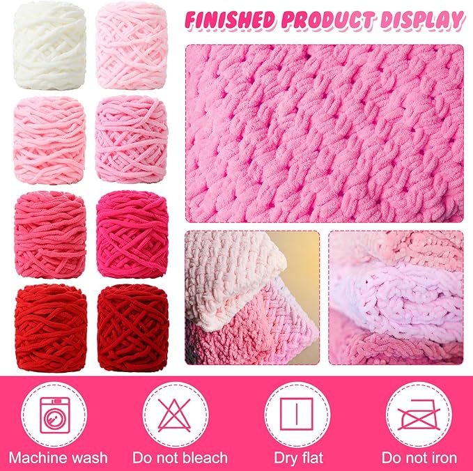 Buryeah 8 Pack Chunky Chenille Yarn for Crocheting Soft Thick Fluffy Yarn for Hand Knitting Bulky Velvet Blanket Plush for Weaving DIY Crafts Each 3.5 oz 55 Yards (Pink Series)