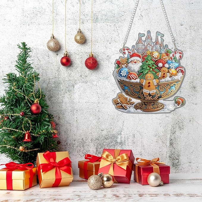 DOMROM Santa and Castle Diamond Art Hanging Kits for Adults Beginner, Christmas Special Shaped Crystal Diamond Painting Santa Pendant, DIY Diamond Art Suncatchers for Home Garden Wall Decor Gift
