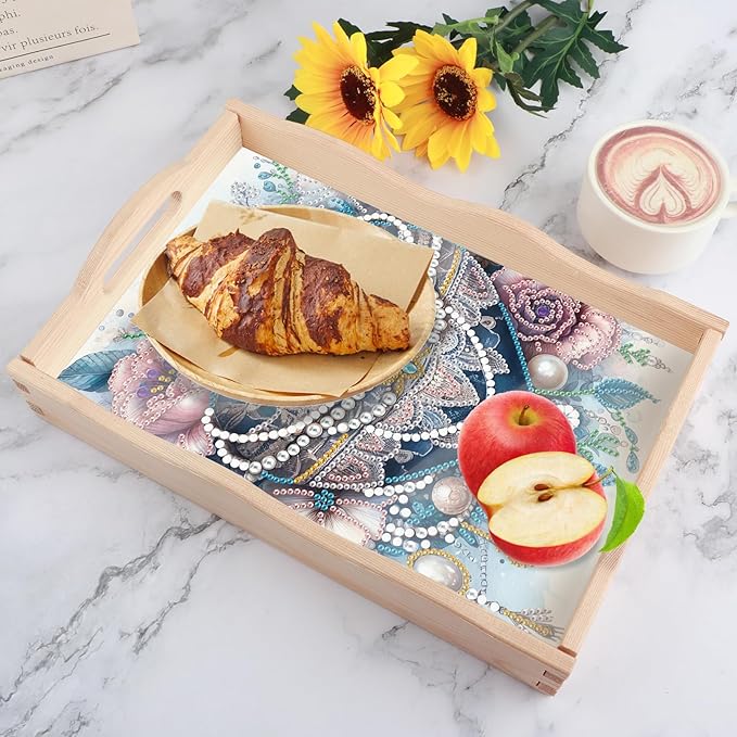 AiYuanzsh DIY Diamond Art Wooden Tray with Handle, Blue Jewel Heart with Flowers Design, Diamond Painting Mosaic Kit, Creative Craft Diamond Art Tray for Coffee Table and Home Organizer