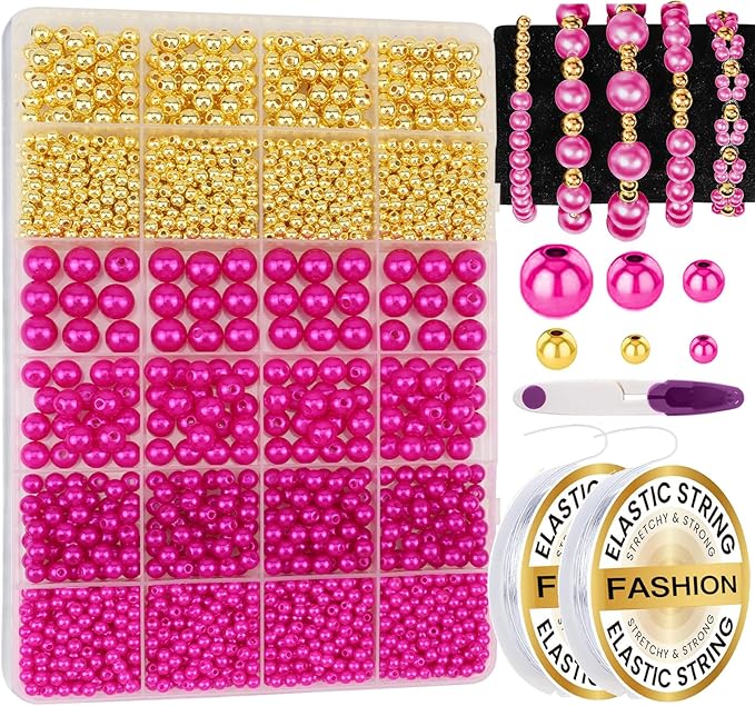 2116 PCS Pearl Beads for Bracelet Making Kit Gold Beads for Jewelry Making Kit Gold Small Spacer Bead Rose Red Pearl Bead for Crafting Charms Necklace Earrings DIY Craft for Women Adult