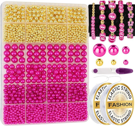 2116 PCS Pearl Beads for Bracelet Making Kit Gold Beads for Jewelry Making Kit Gold Small Spacer Bead Rose Red Pearl Bead for Crafting Charms Necklace Earrings DIY Craft for Women Adult