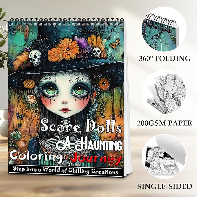 Horror Coloring Book for Adults Relaxation, 24 Pages Adult Coloring Books for Women Stress Relief, Spiral Bound Coloring Books, Relaxing Gift for Women, Single-Sided Coloring Book of Scare Style