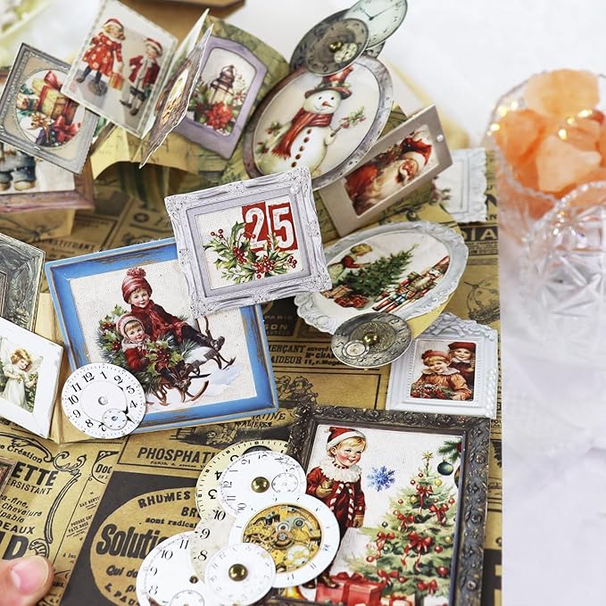 CATaireen Vintage Junk Journal Items Kit Pre Cut Paper Cards Cutout Cardstock Art Aesthetic Decor Hollow Out Craft Elements Small Embellishments Supplies for Adults Scrapbook Pack (Photo Frame Dark)