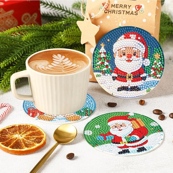 UPINS 8 Pcs Christmas Diamond Art Coasters,Christmas Themed Coasters with Holder Craft Supplies for Holiday Decor Gifts