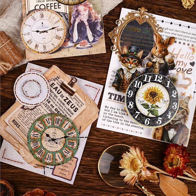 Vintage Time Dial Stickers – 60pcs Retro Clock Pattern Cardstock Stickers with Roman Numerals, Pre-Cut Self-Adhesive for Scrapbook, Junk Journal, Planner and DIY Collage
