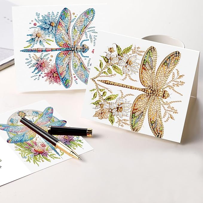 6pcs 5D DIY Diamond Painting Kit Greeting Card,Diamond Handmade Greeting Card with Envelope, Holiday Gift Congratulations Colourful Dragonfly