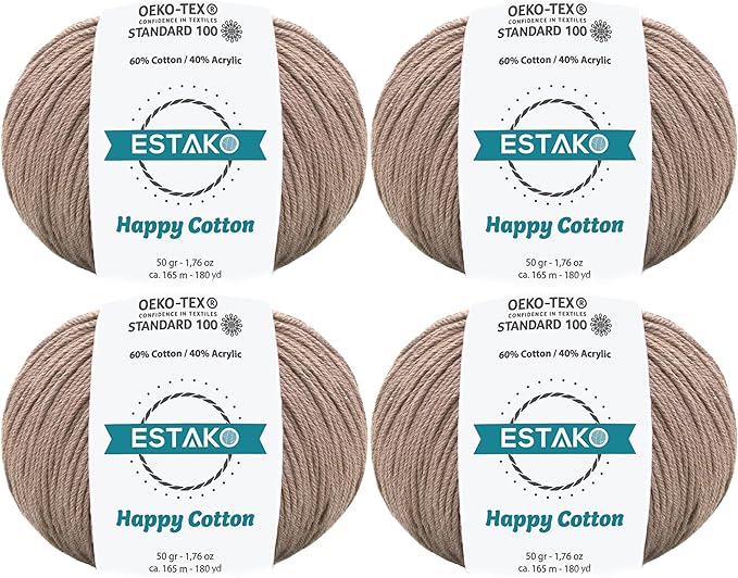 Estako Happy Cotton, (4 Skeins Pack) 60% Cotton 40% Acrylic Yarn, Soft, Fine/Sport (2) for Crochet and Knitting (4 x 1.76 Oz) / (4 x 180 Yrds) (4420 - Milky Brown)