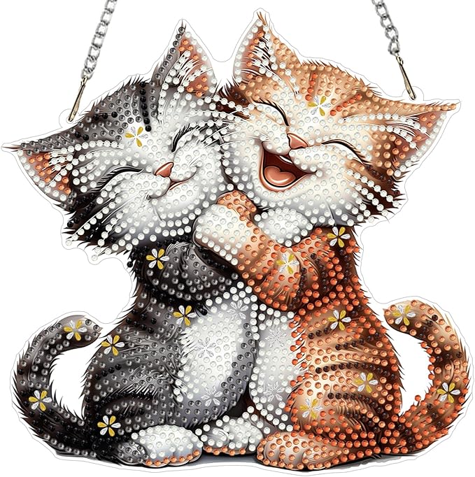 MXJSUA Cartoon Kittens Diamond Art Hanging Kits for Adults Beginners, DIY Acrylic Special Shaped Crystal Diamond Gem Drills Pendant Art Painting Ornament for Home Wall Decor Gift