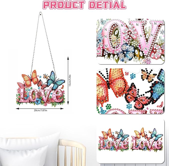 KEYIFA Love Diamond Painting Kit, DIY Butterfly Diamond Art for Adults, Diamonds Pendant Special Shaped Rhinestone Window Hanging Ornaments Home Garden Wall Door Decoration, 20cm Width