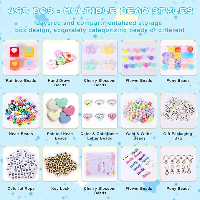 Grnheat 495 Pcs Bead Keychain Making Kit - Acrylic Letter Beads with Heart Star Flower Charms - Personalized Name Jewelry Set for Backpack Bag Charm Bracelet Crafts Supplies
