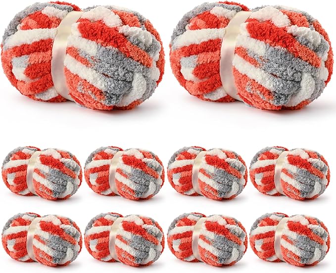 10 Pack Jumbo Chunky Yarn for Hand Knitting, Fluffy Variegated Chunky Chenille Yarn for Crocheting, 240yds/70.5oz Super Bulky Soft Crochet Baby Blanket Yarn(White-Grey-Orange)
