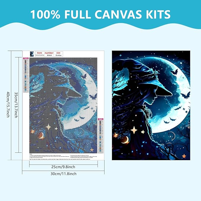SENQAO Halloween Diamond Painting Kits for Adults, Moon Witch Pumpkin Diamond Art Kits Full Drill Bats Star Diamond Dots Paint with Diamonds Gem Arts and Crafts Home Wall Decor 12x16inch