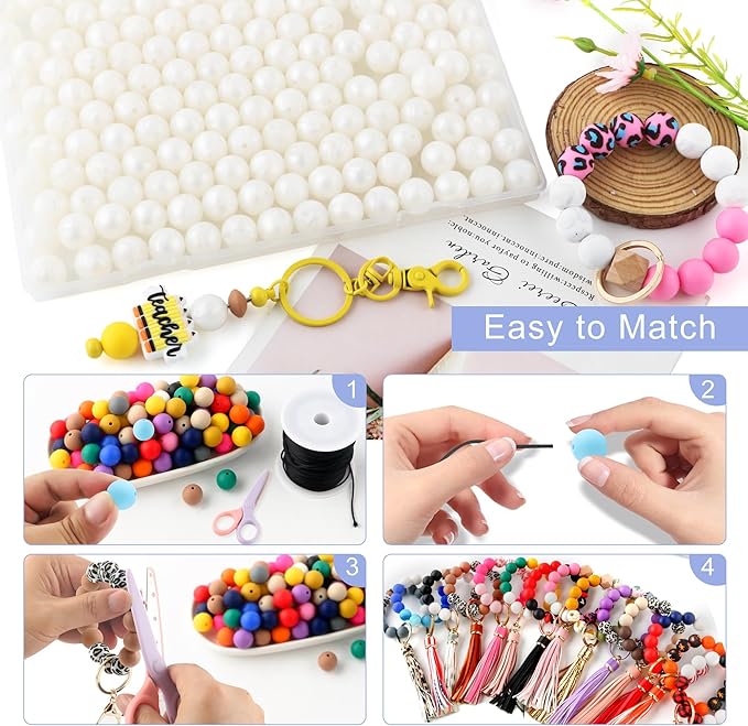 Silicone Beads, 150Pcs 15mm Round, Metall White for Keychain Making, Bracelet Making, Necklace Making and Pens