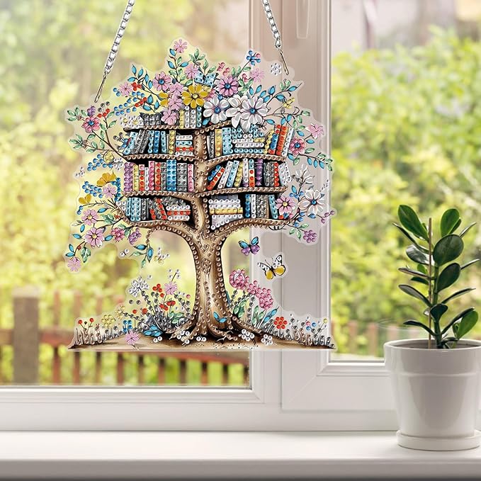 HEIBAGO Book Diamond Art Hanging Kits for Adults, Tree Diamond Art Suncatchers, 5D Special Shape Diamond Painting Pendant, DIY Window Ornament Gifts for Home Garden Door Wall Decor 8.3 x 8.3 Inch
